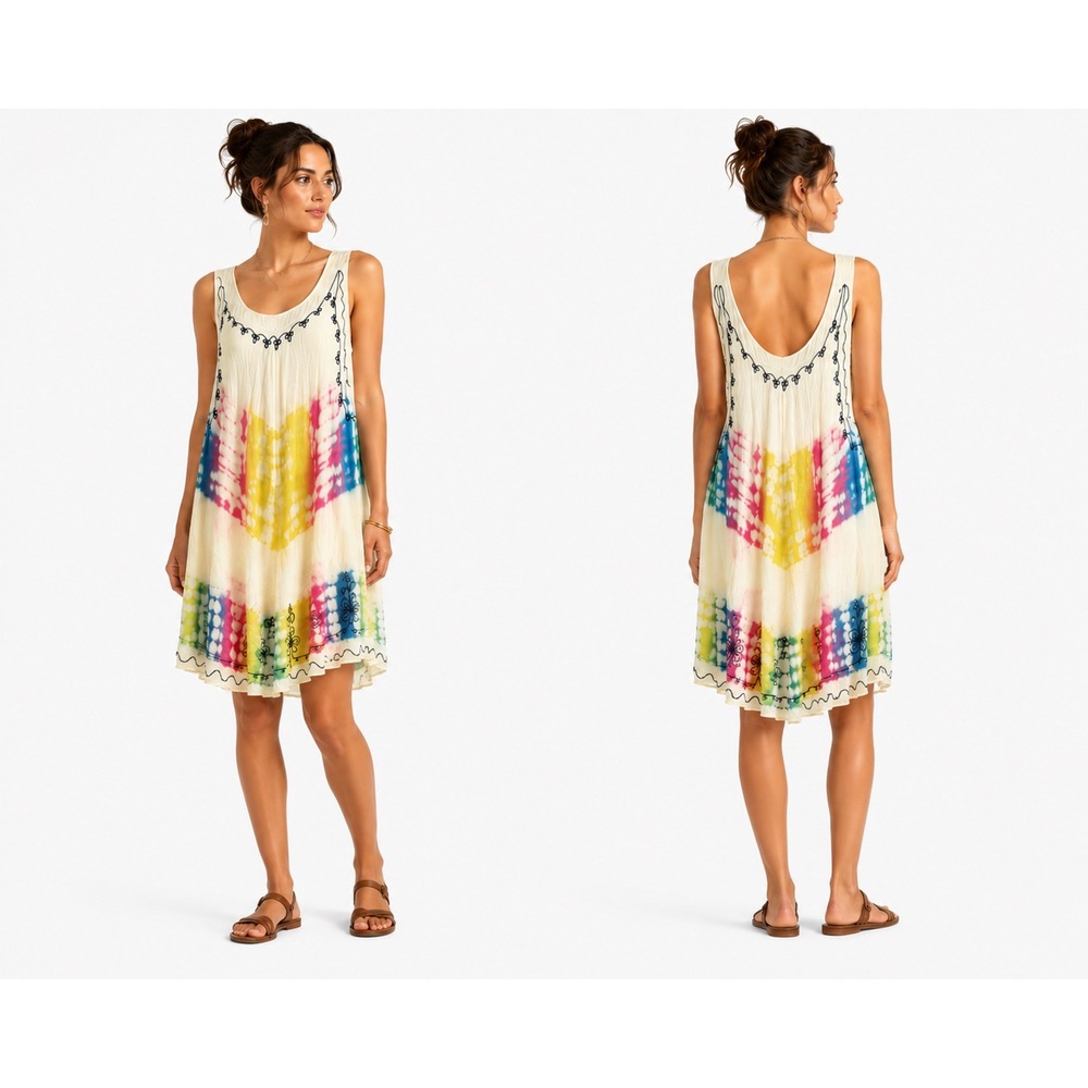 In Gear Tie Dye Dress Womens OS Yellow Pink Blue Embroidered Rayon Boho Hippie
